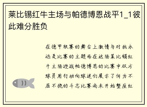 莱比锡红牛主场与帕德博恩战平1_1彼此难分胜负
